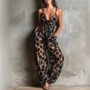 Leopard Print Deep V-neck Jumpsuit with Tie-detail Strap