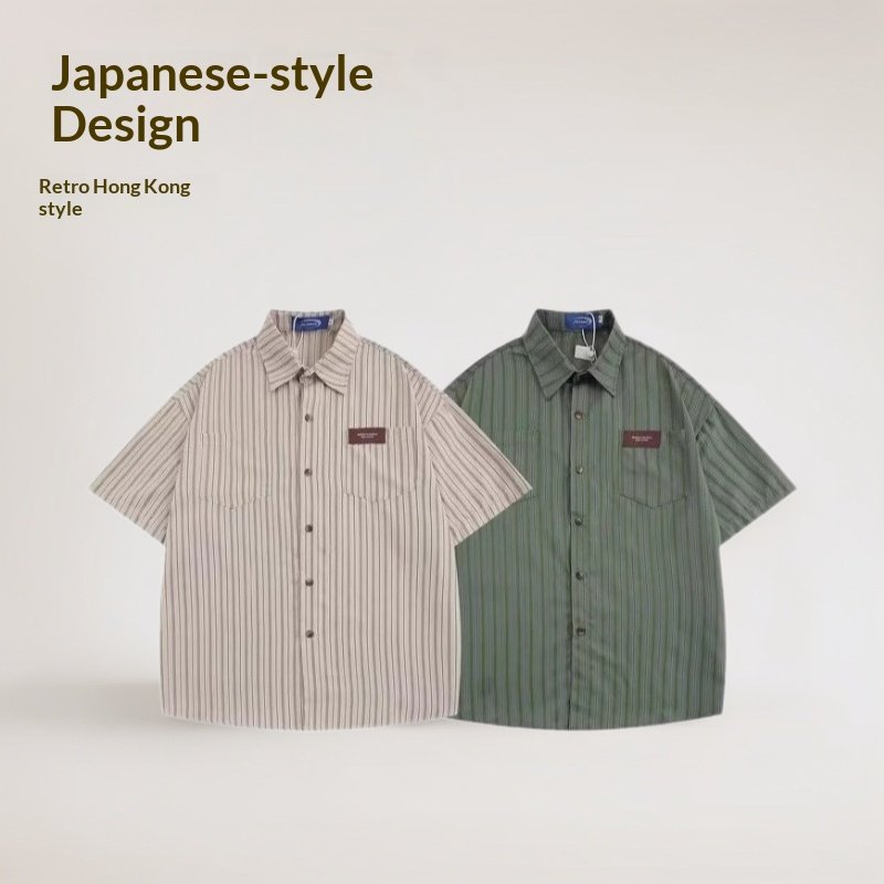Japanese Striped Lapel Short-sleeve Shirt for Men