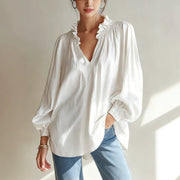 Loose-Fit Balloon Sleeve V-Neck Top