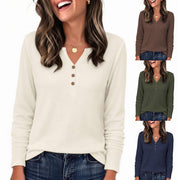 Elegant Autumn Button Front Long Sleeve Waffle Knit Top