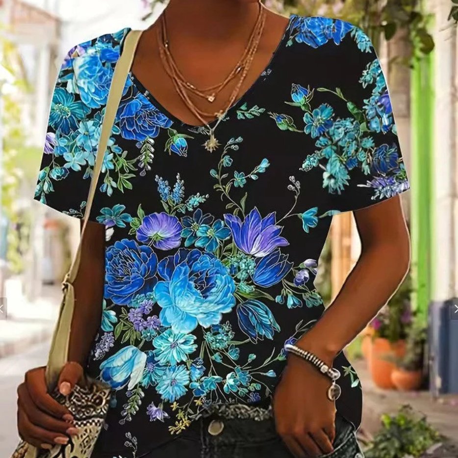 Floral V-Neck Short Sleeve Tee for Women