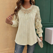 Elegant Long-sleeve Blouse with Lace Trim and Wave Pattern
