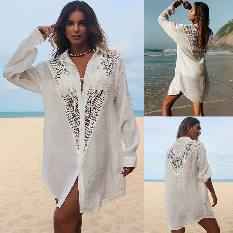 Beach Cover Up Cardigan for Women - Sun Protective Lace Trimmed Blouse Style