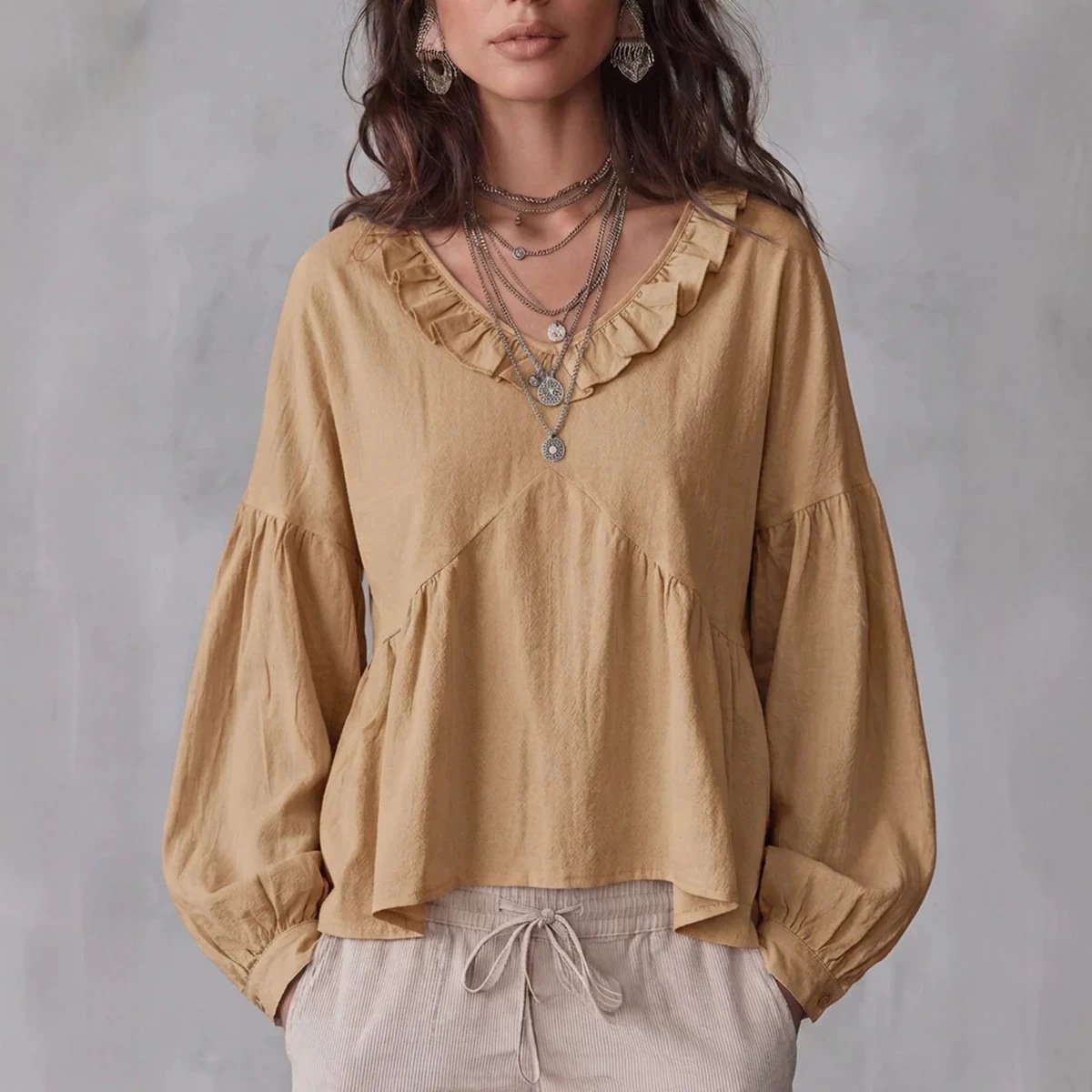 Vintage Lace-trimmed V-neck Long-sleeve Blouse