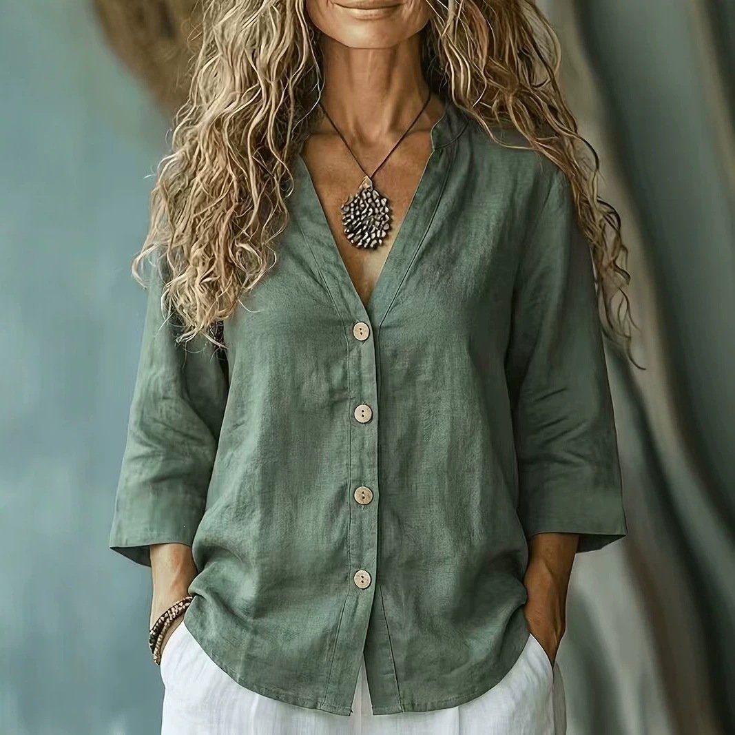 Loose-fit Linen V-neck Shirt for Women
