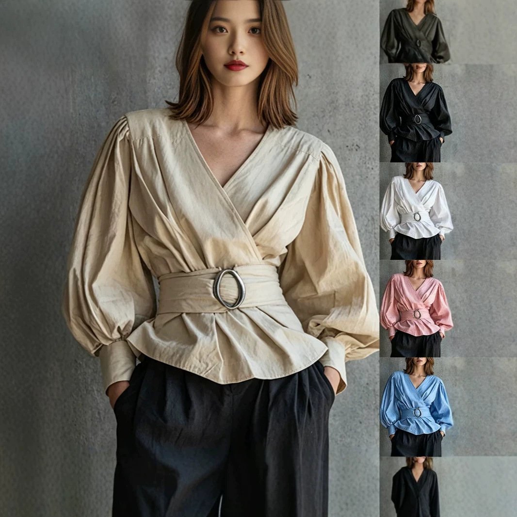 Elegant V-Neck Blouse with Ruffled Cuffs and Puff Sleeves