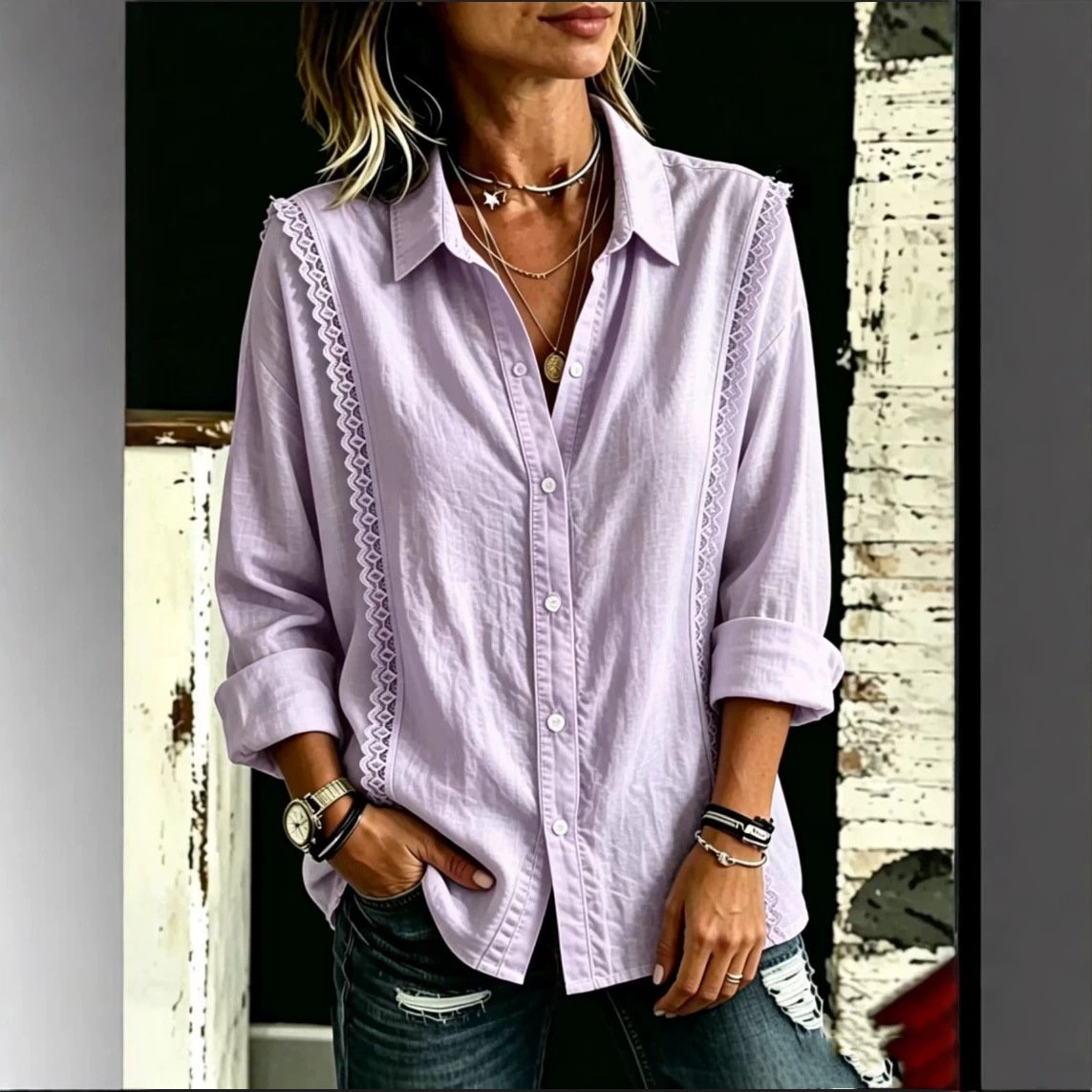 Women's Long-Sleeve Button-Down Shirt with Lace Patchwork