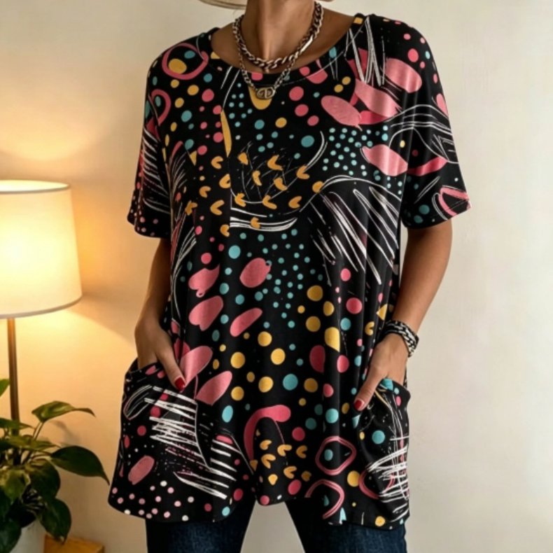 Confetti Tunic Top for Women - Black, Relaxed Fit with Pockets