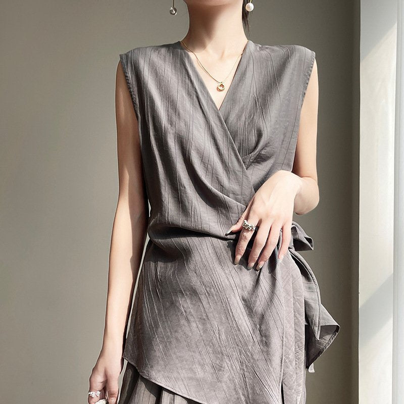 Elegant Satin Cross-V Neck Top for Women