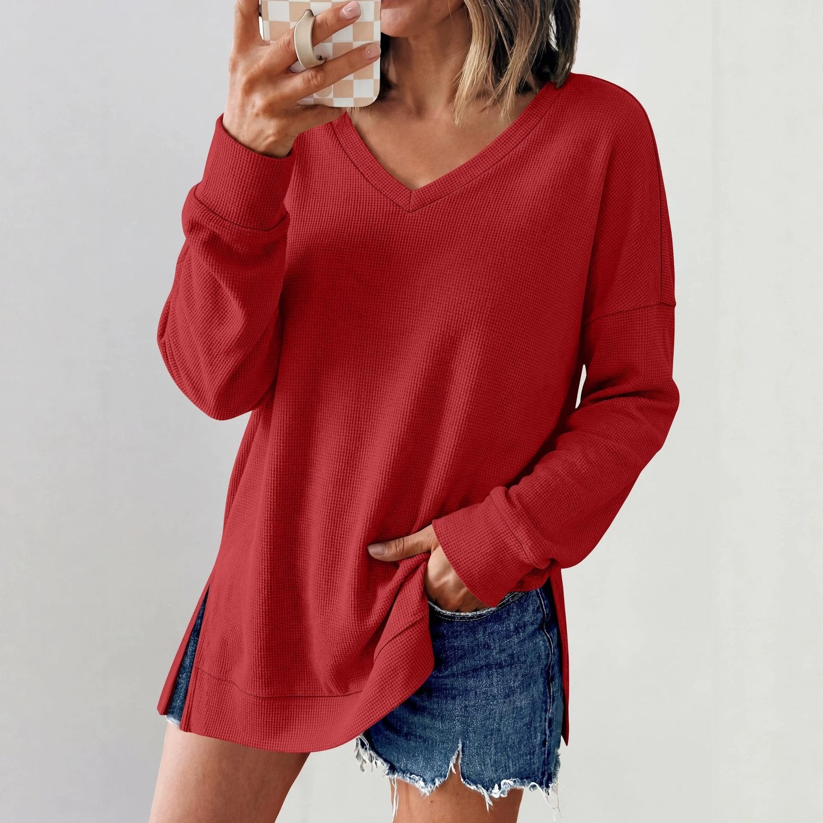 Cozy Waffle-Knit Long-Sleeve Tops for Women