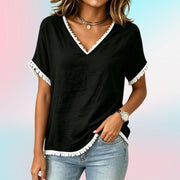 Relaxed-fit Lace-trimmed V-neck Short Sleeves Tops