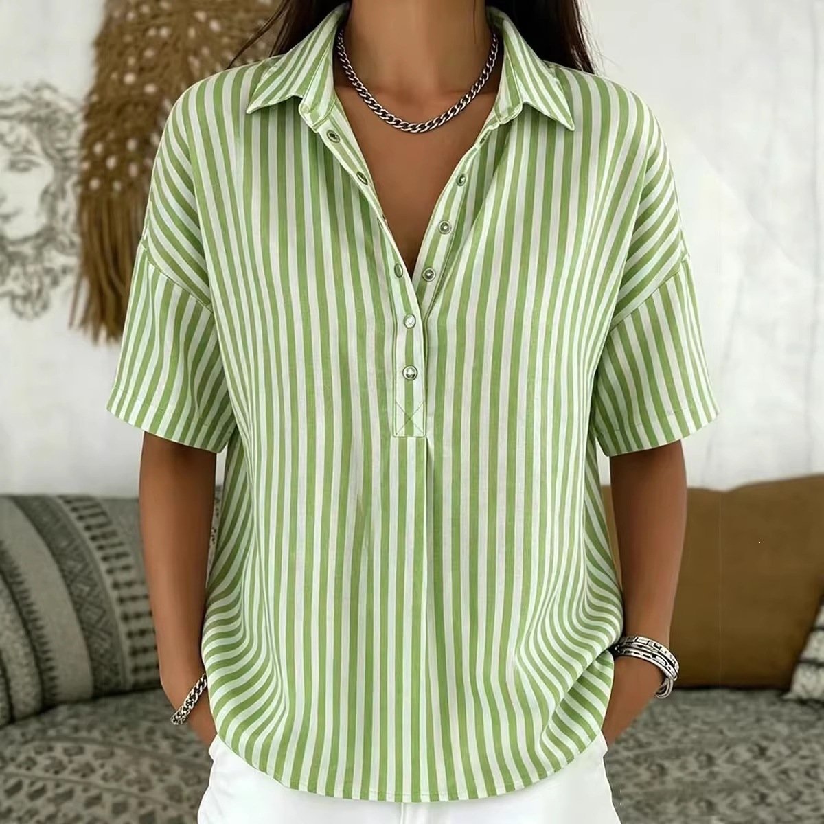 Casual Striped Women's Short Sleeve Shirt