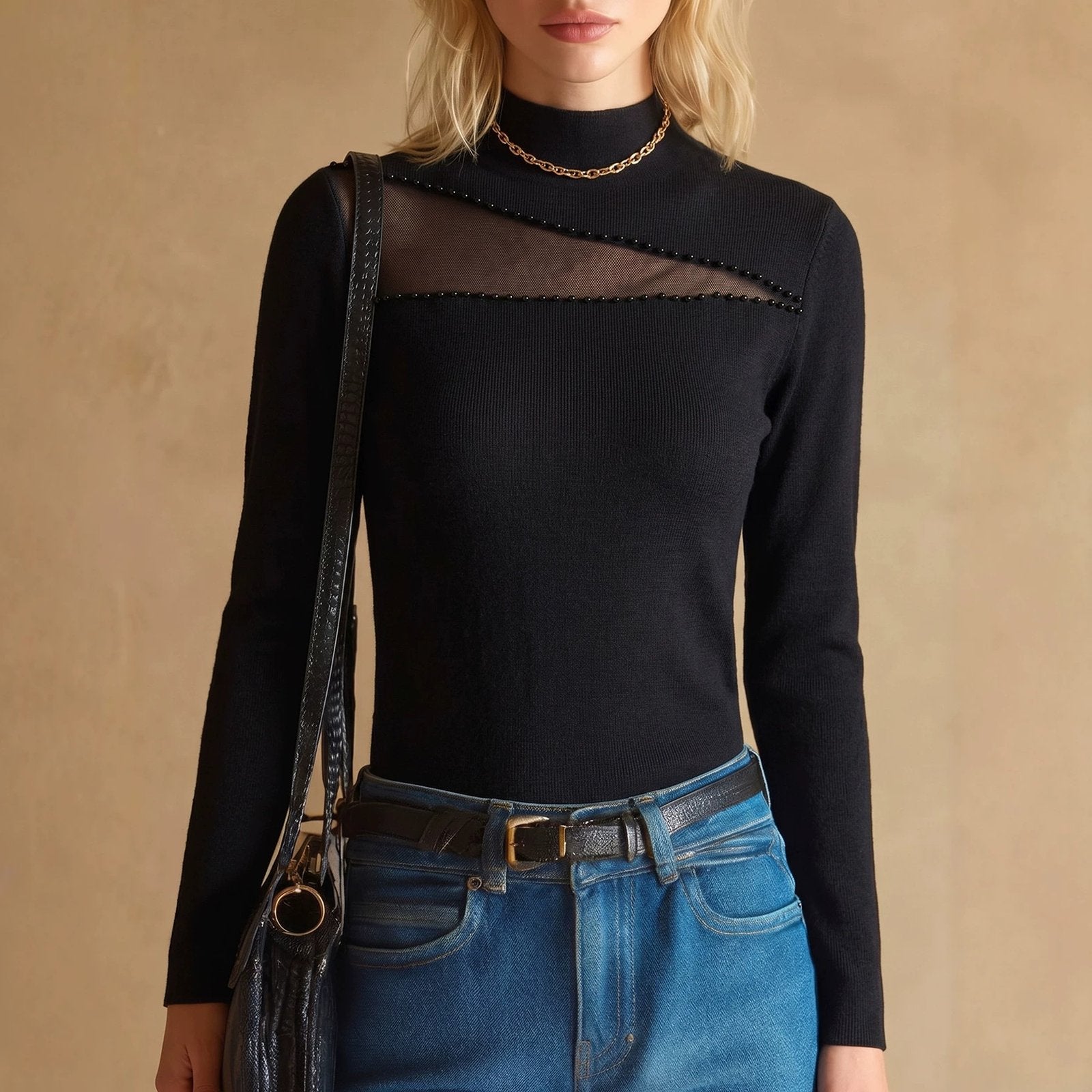 Elegant Long-Sleeve Sweater with Pearl Accents