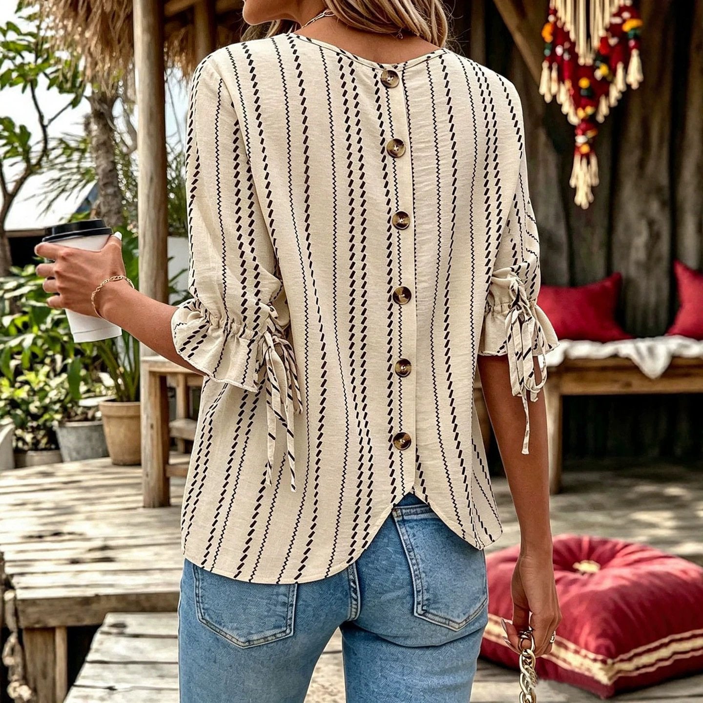 Apricot Striped Loose-fit Blouse for Women