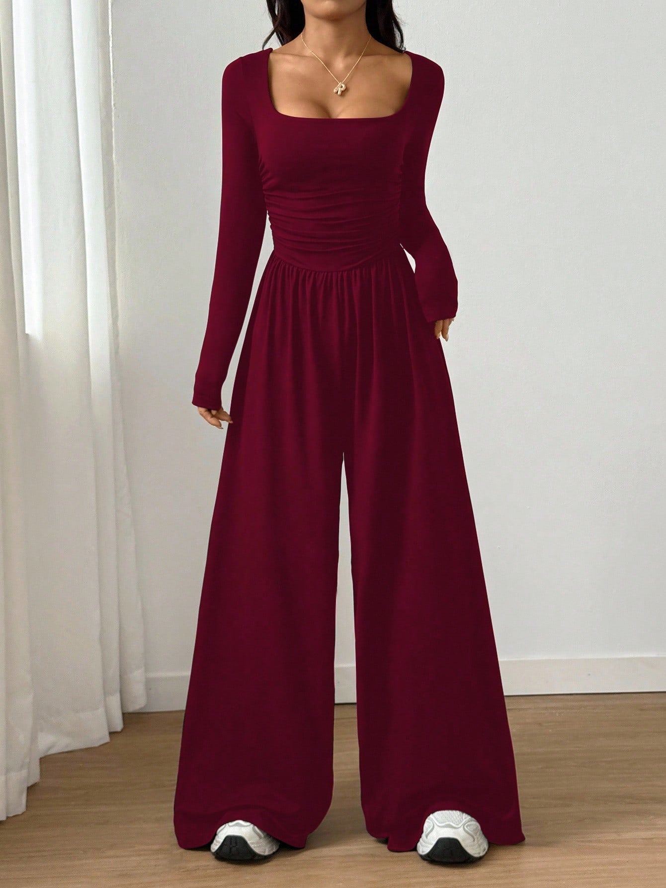 2026 Spring Fall Women's Casual Solid Color Square Neck Long Sleeve A-Line Jumpsuit Pleating Wide Leg Loose Mopping Jumpsuit