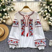Retro Embroidered Crew-Neck Puff-Sleeve Shirt for Women