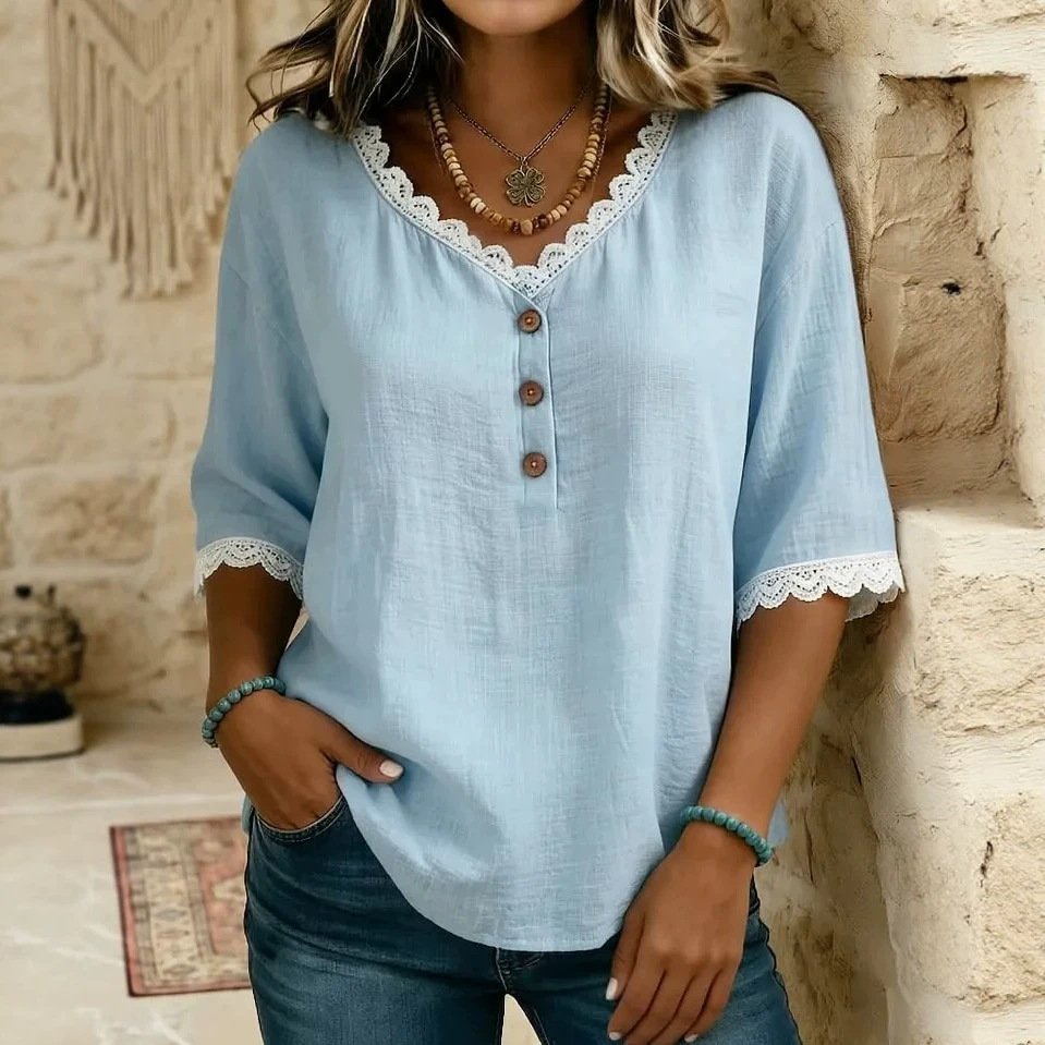 Lace-Panel Cotton-Linen Blend Shirt for Women