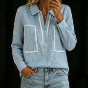 V-Neck Solid Color Pullover Shirt for Women