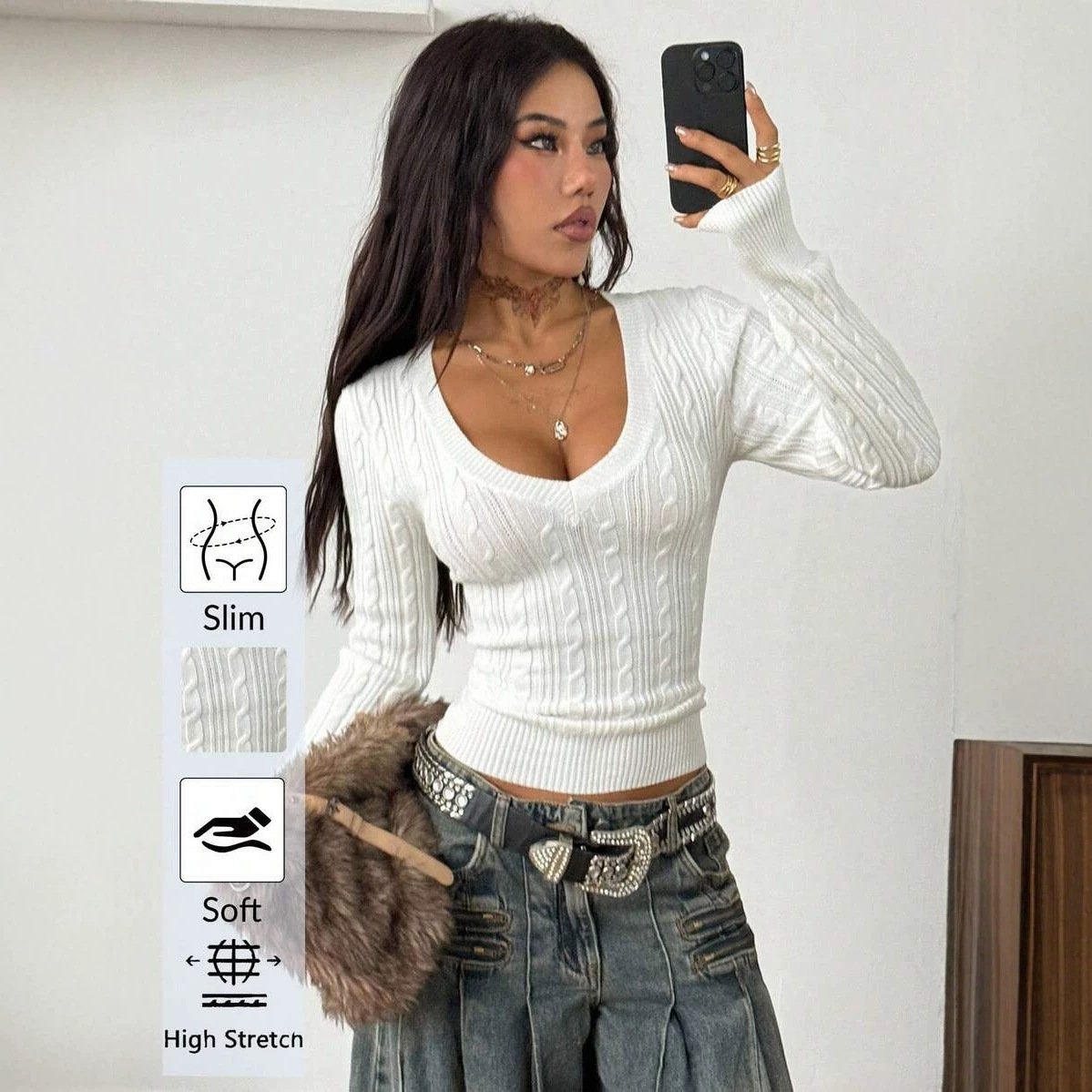 Women's Long-Sleeved White V-Neck Knit Top