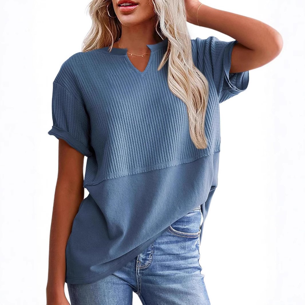Fitted Patchwork V-Neck Blouse for Women