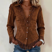 Western-Style Suede Fringe Long Sleeve Shirt for Women