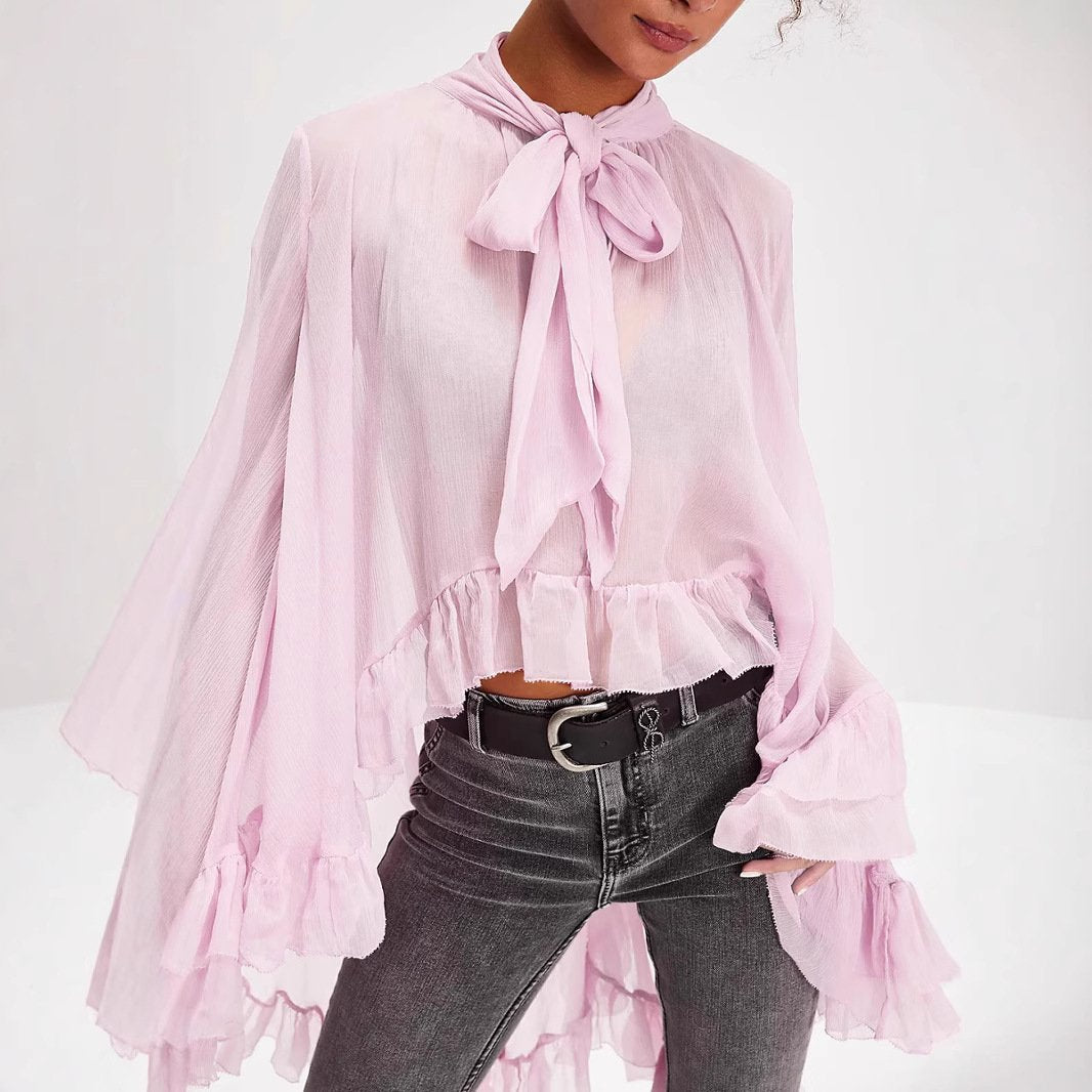 Flared Sleeve Blouse with French Lace-up Detail