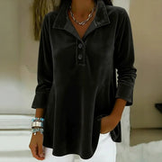 Elegant Velvet Blouse for Women - Stand Collar Button Up Top