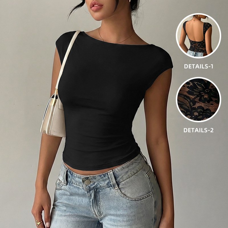 Backless Lace Knit T-Shirt for Women