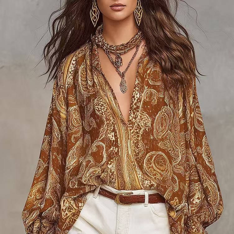 Vintage Print Loose-fit Blouse for Women