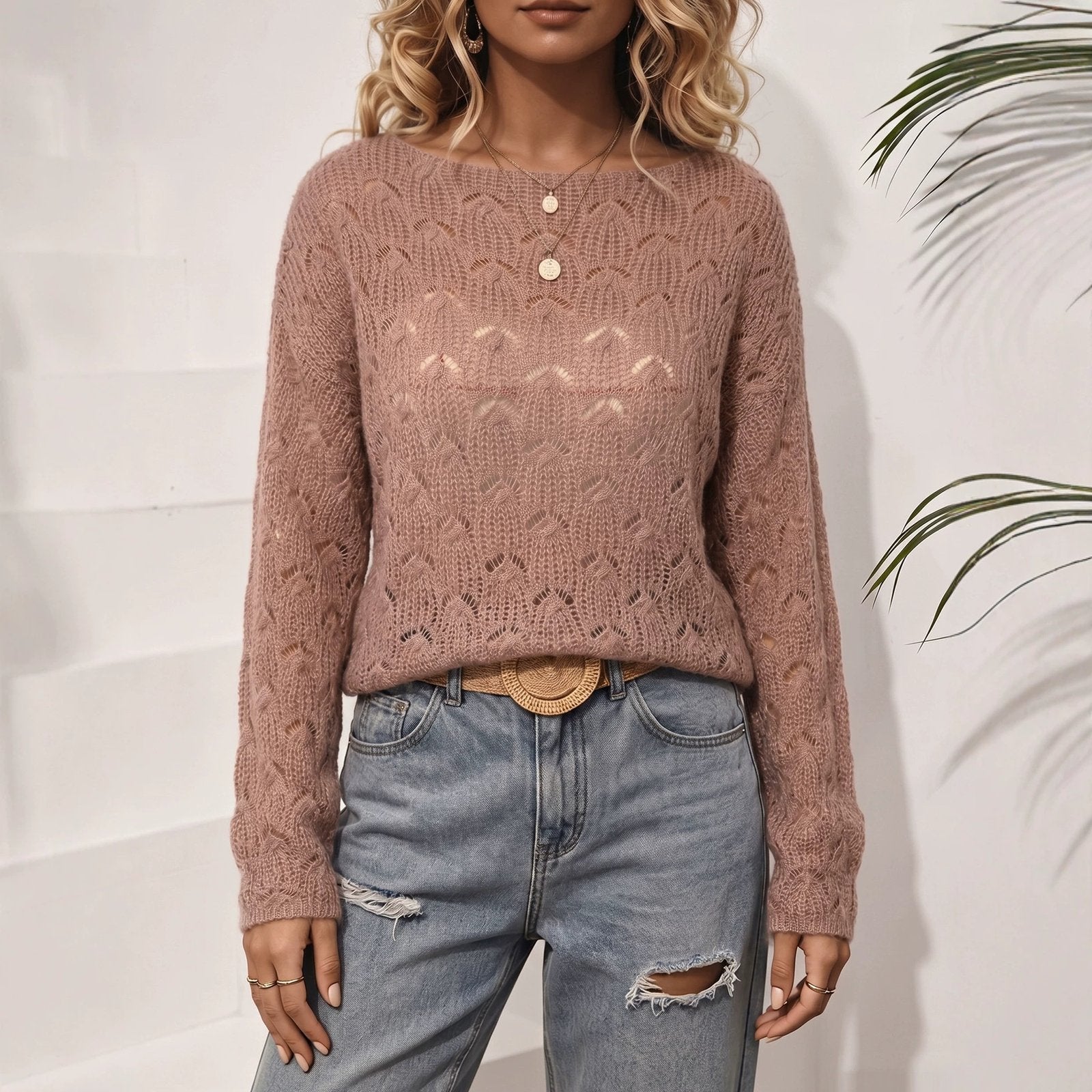 Women's Long-Sleeved Knit Top with Unique Openwork Pattern