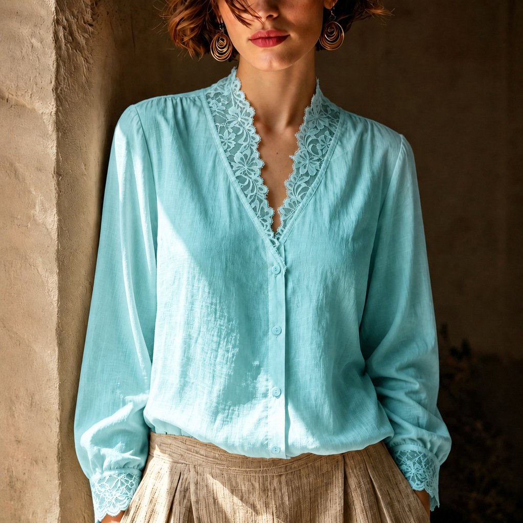 Lace-Patch V-Neck Long Sleeve Shirt for Women