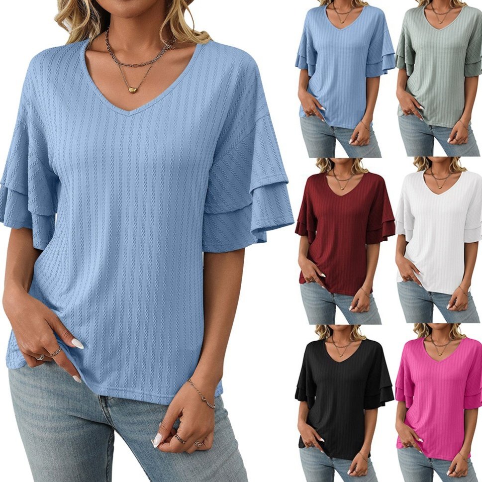Women's V-Neck T-Shirt with Ruffled Sleeves