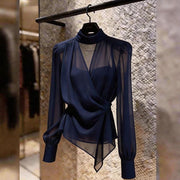 Navy Blue & Pink Pleated Waist-Cinching Blouse