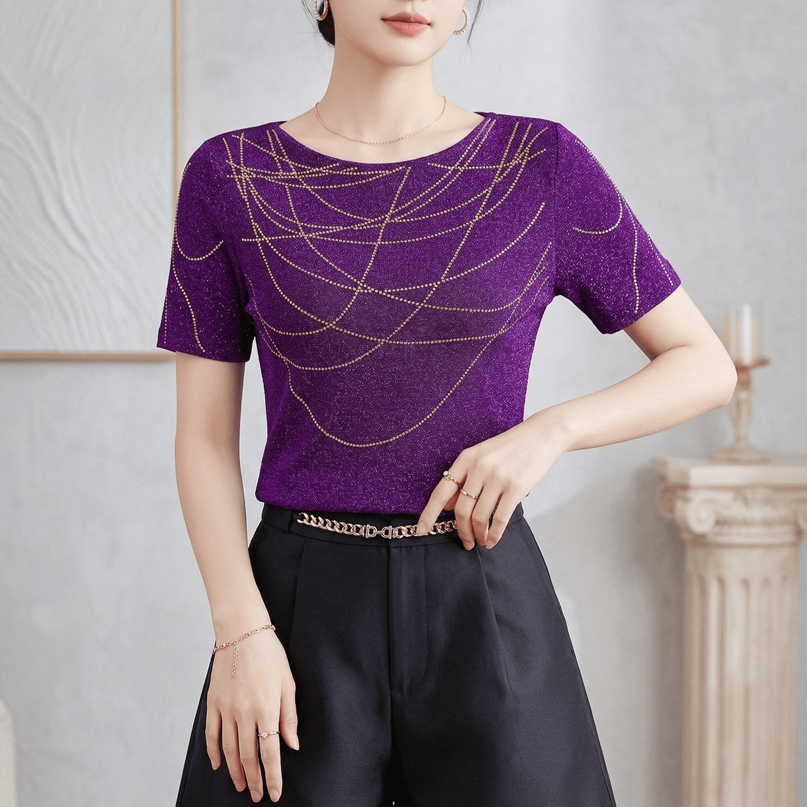 Sparkly Rhinestone Mesh T-shirt for Women - Purple