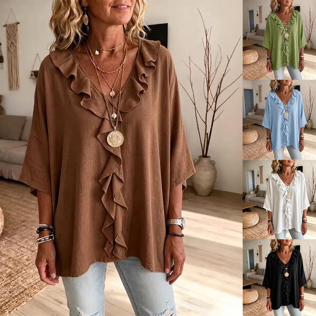Casual Ruffled V-Neck Top for Women