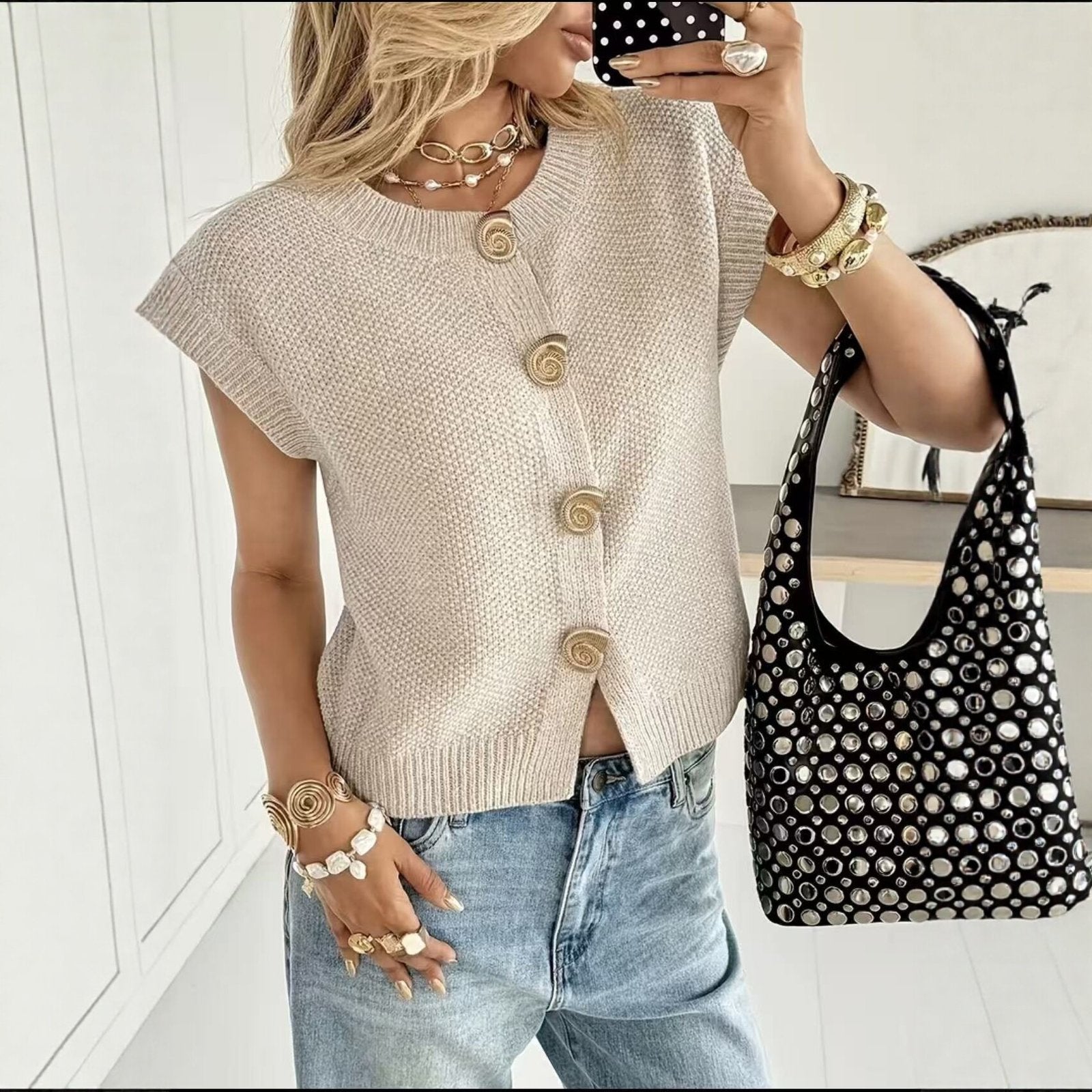 Cozy Knit Cardigan for Women - Round Neck, Short Sleeves