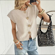 Cozy Knit Cardigan for Women - Round Neck, Short Sleeves