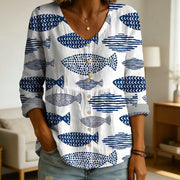 Blue Fish Print V-Neck Blouse for Women