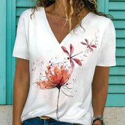 Floral Dragonfly V-Neck Tee for Women