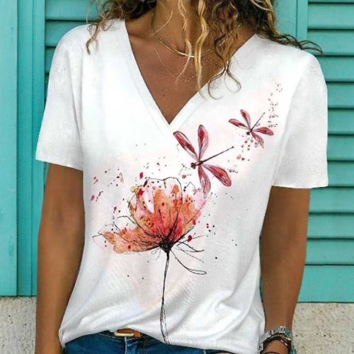 Floral Dragonfly V-Neck Tee for Women