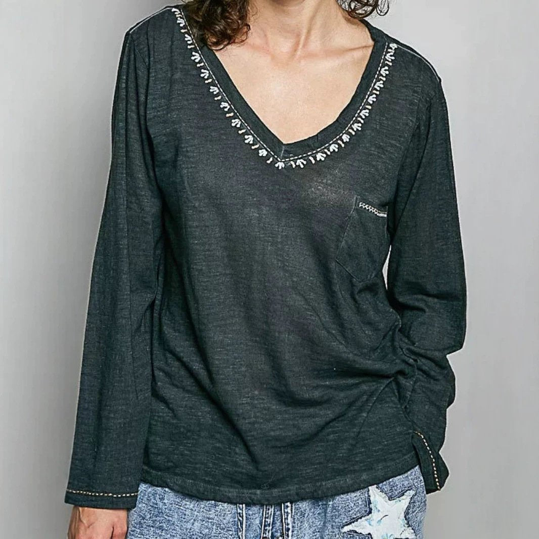 Distressed Dark Green V-Neck Long Sleeve Top