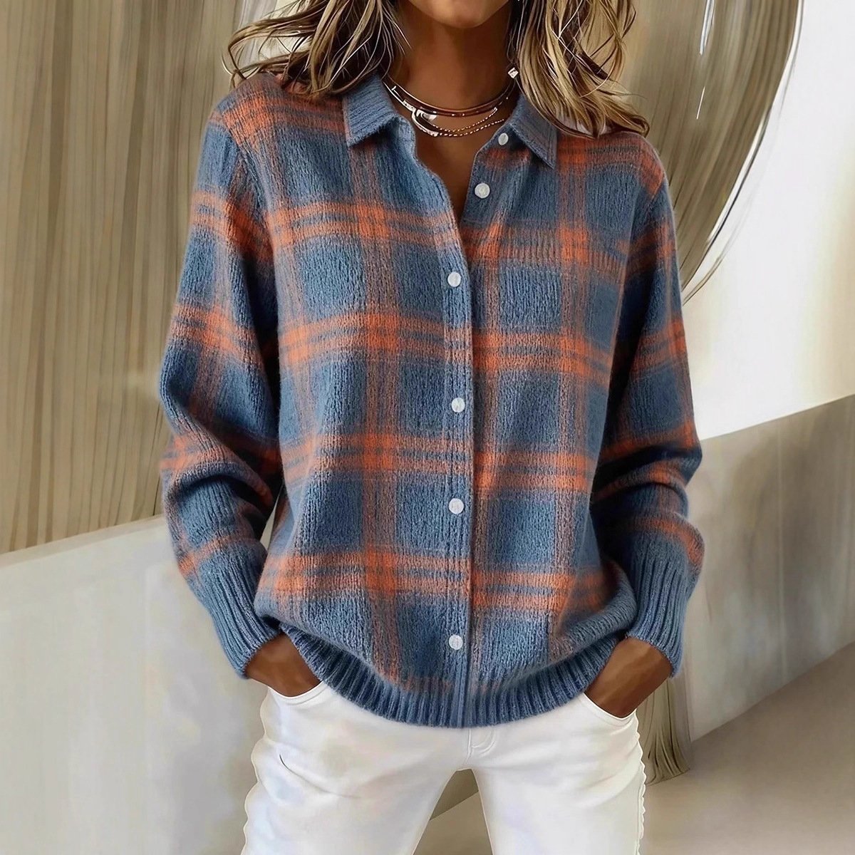Loose-Fit Plaid Long-Sleeve Shirt for Women