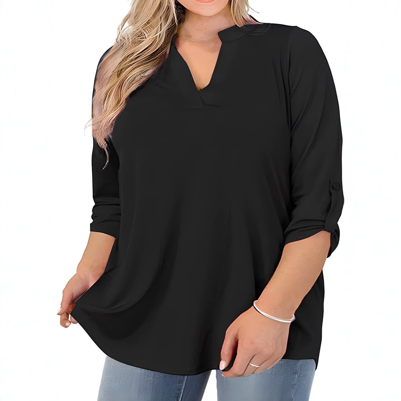Plus-Size Women's Loose Fit Blouse with Stand-up Collar and 3/4 Sleeves
