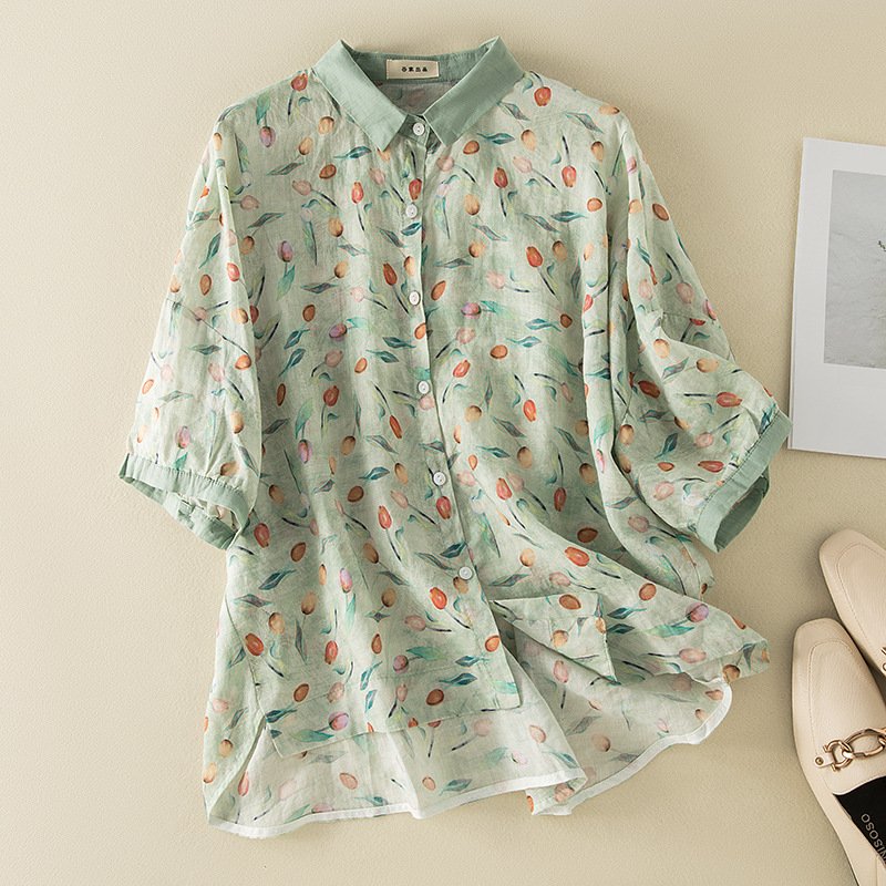 Vintage Literary Print Short Sleeve Shirt for Women