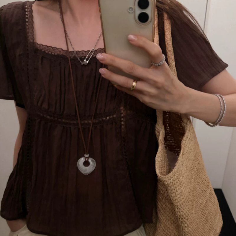 Vintage Square-Neck Short Sleeve Shirt for Women