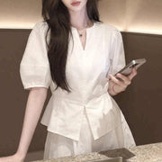 Designer White Puff-sleeve Waist-cinching Blouse