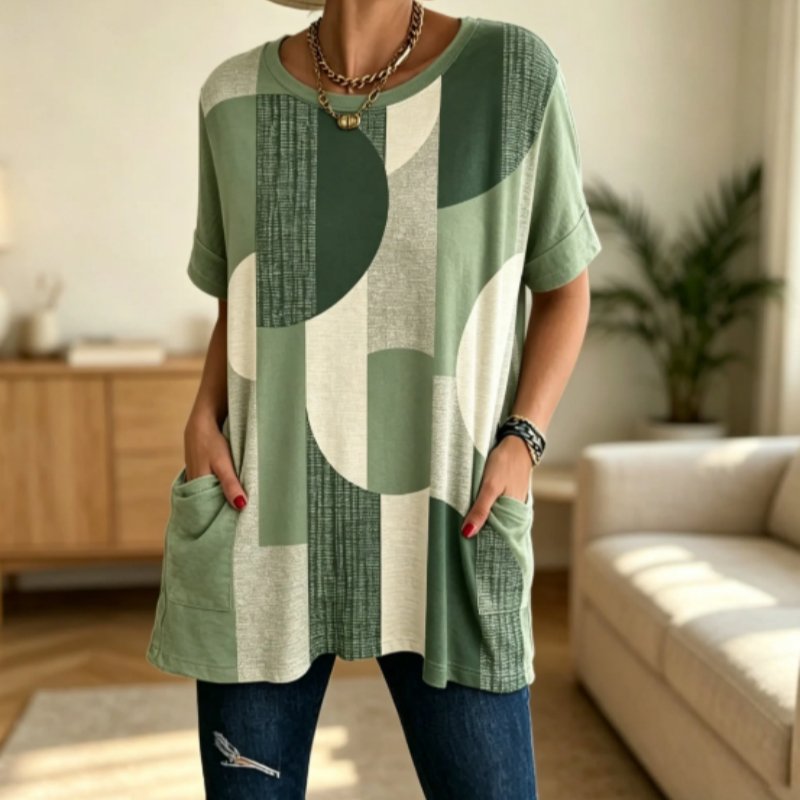 Comfortable Green Geometric Tunic Top for Women