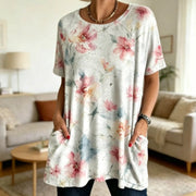 Floral Print Short Sleeve Tunic Top with Pockets