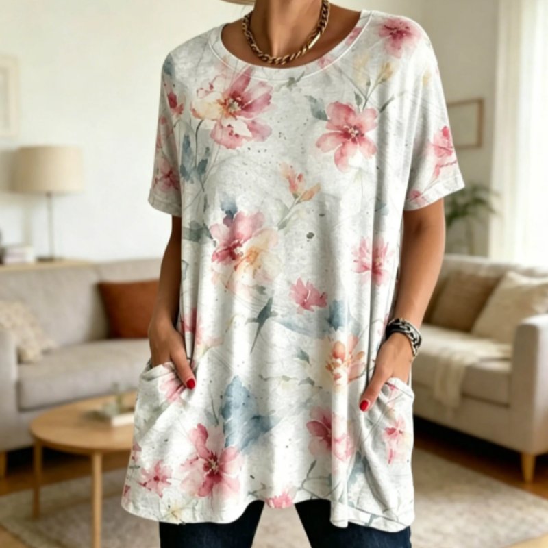 Floral Print Short Sleeve Tunic Top with Pockets
