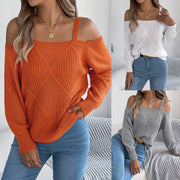 Off Shoulder Cable Knit Long Sleeve Top for Women